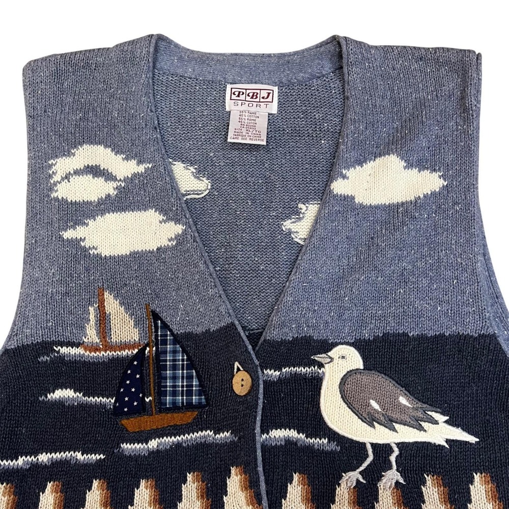 Vintage Nautical Sweater Vest Sailboat Fishing Scene Grandpacore XL - Picture 4 of 7